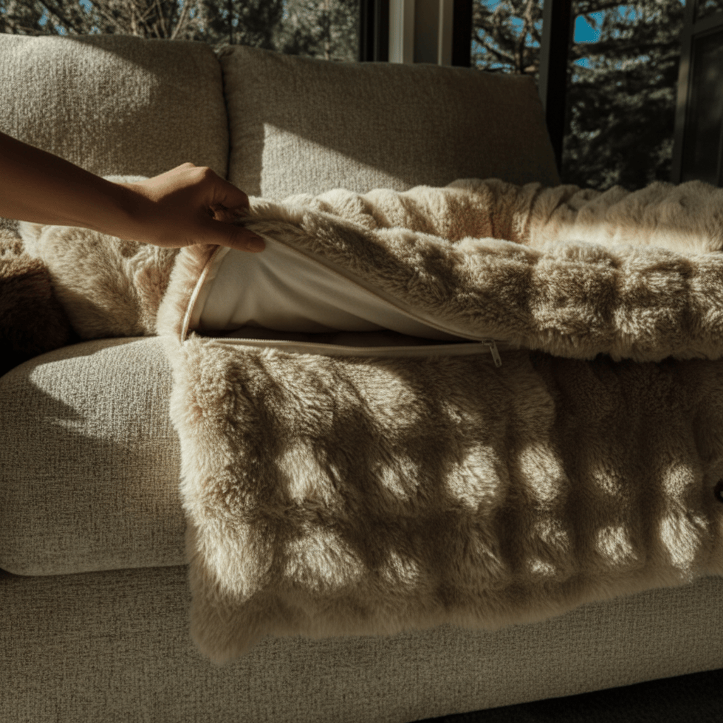 The faux fur cover being zipped off a Pelsbarn bed