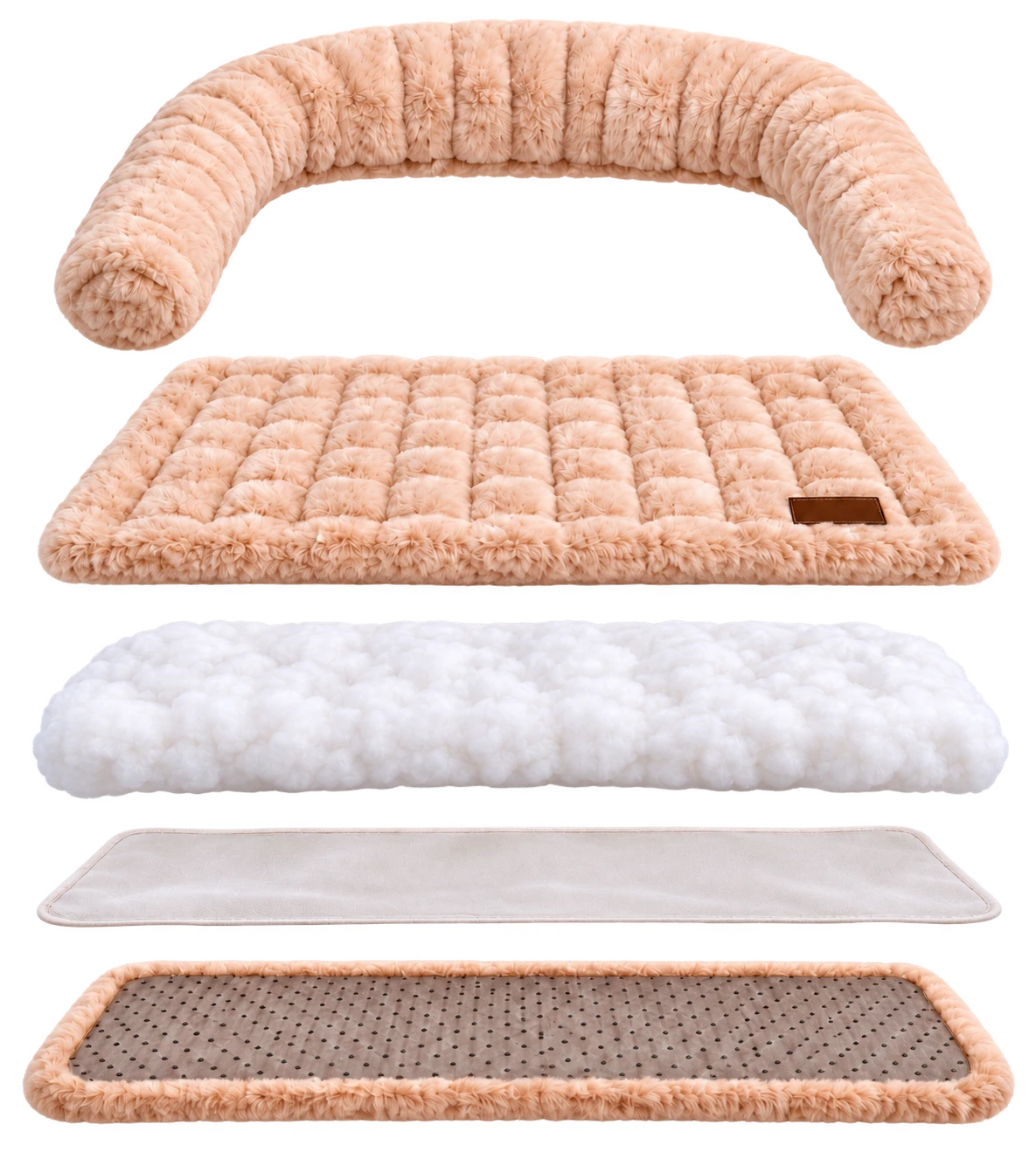 The Luxurious Sofa Bed taken apart into five layers: the bolster, the quilted top cushion, the filling, the spill shield and the anti-slip base