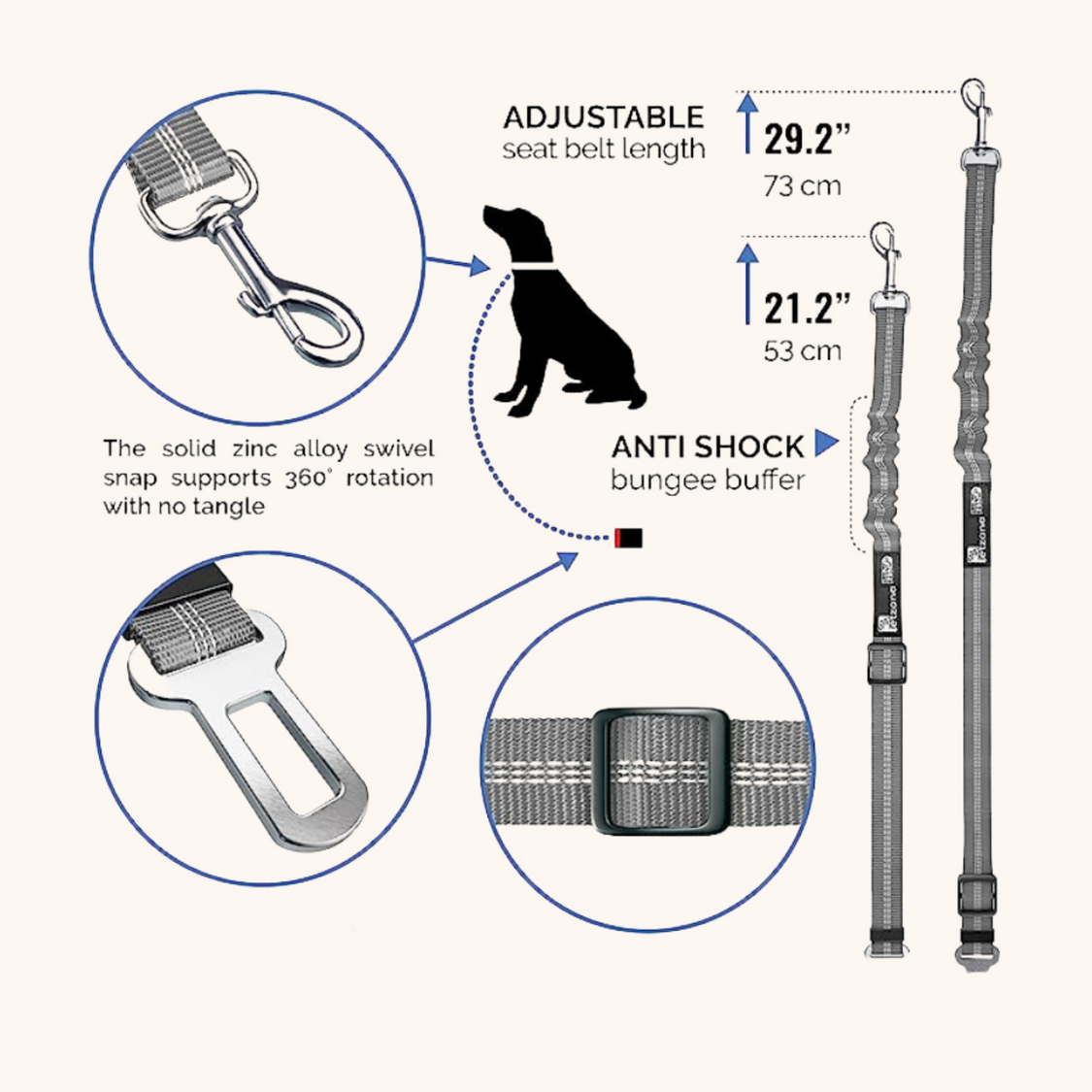 Dog Safety Seat Belt with Elastic Bungee Buffer